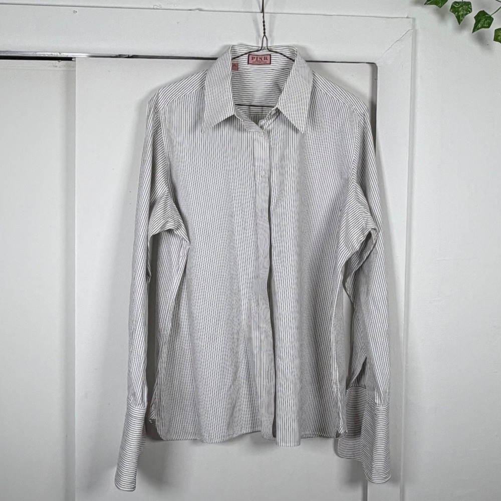 Thomas Pink Jermyn Street London Striped Cotton Button Down Shirt White Black 10